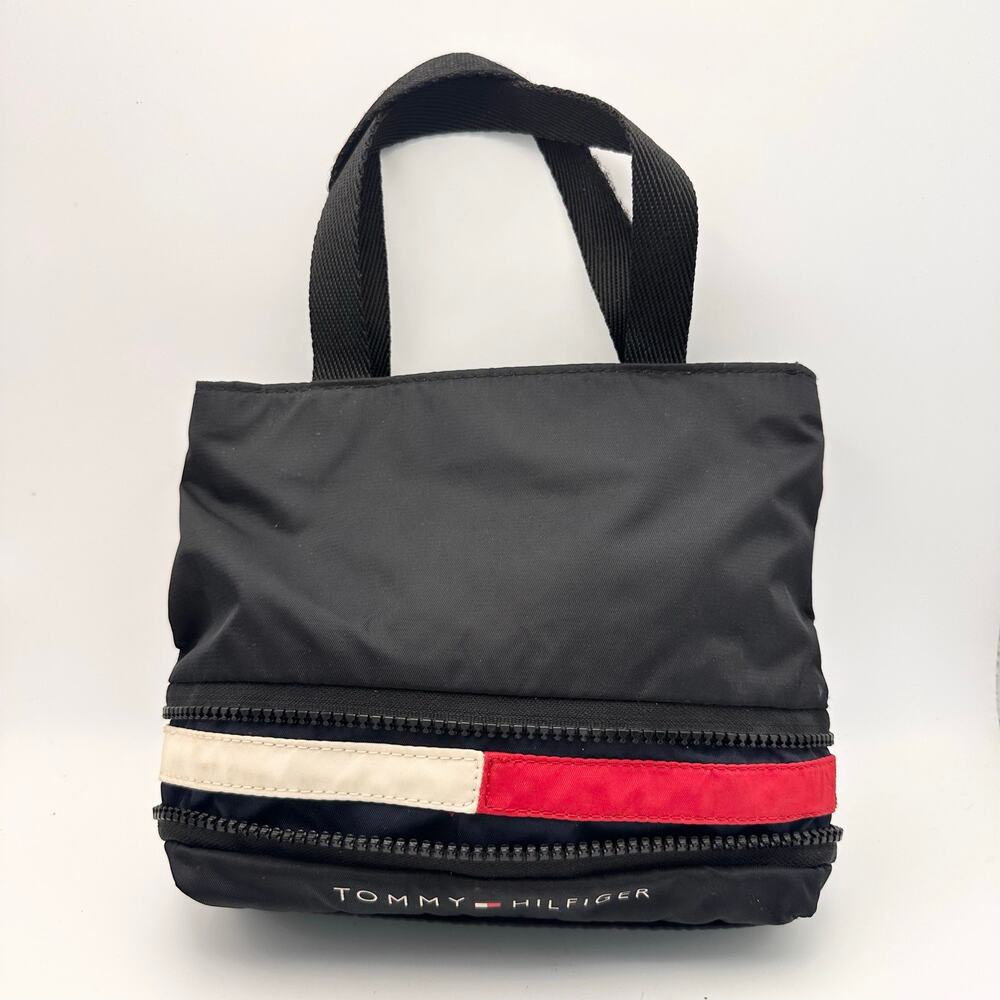 Tommy Hilfiger Vintage Black Red White Flag Zipper Trim Mini Tote Y2K Bag READ